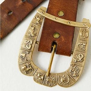 Free People Vintage Hand Tooled  Zodiac Brass Buckle Leather Belt NWT